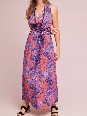 Anthropologie Maeve Macie Maxi Dress Coral Purple Floral Wrap Waist 8